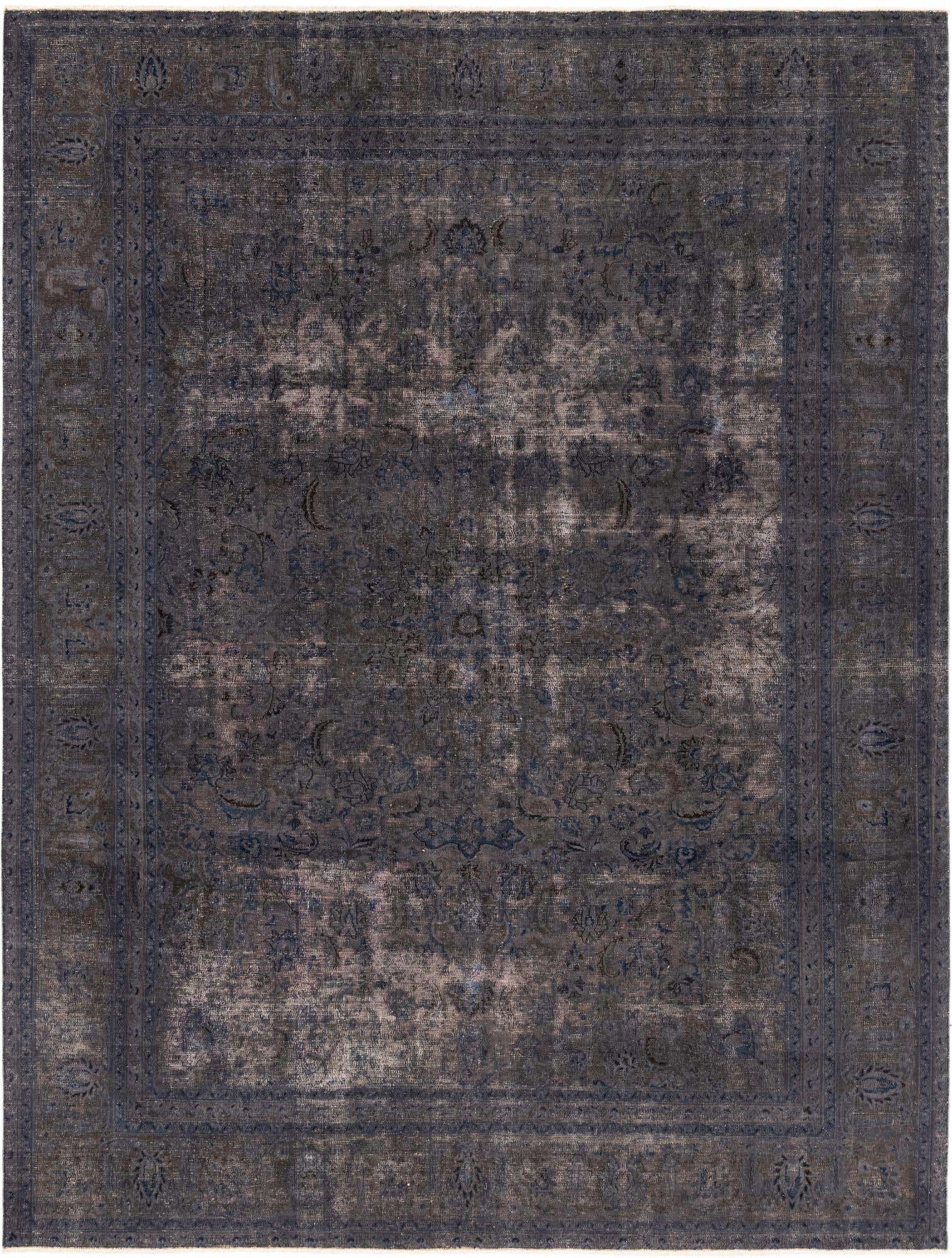 A 9x12 rectangular gray wool rug with a distressed Persian botanical pattern and subtle medallion design.
