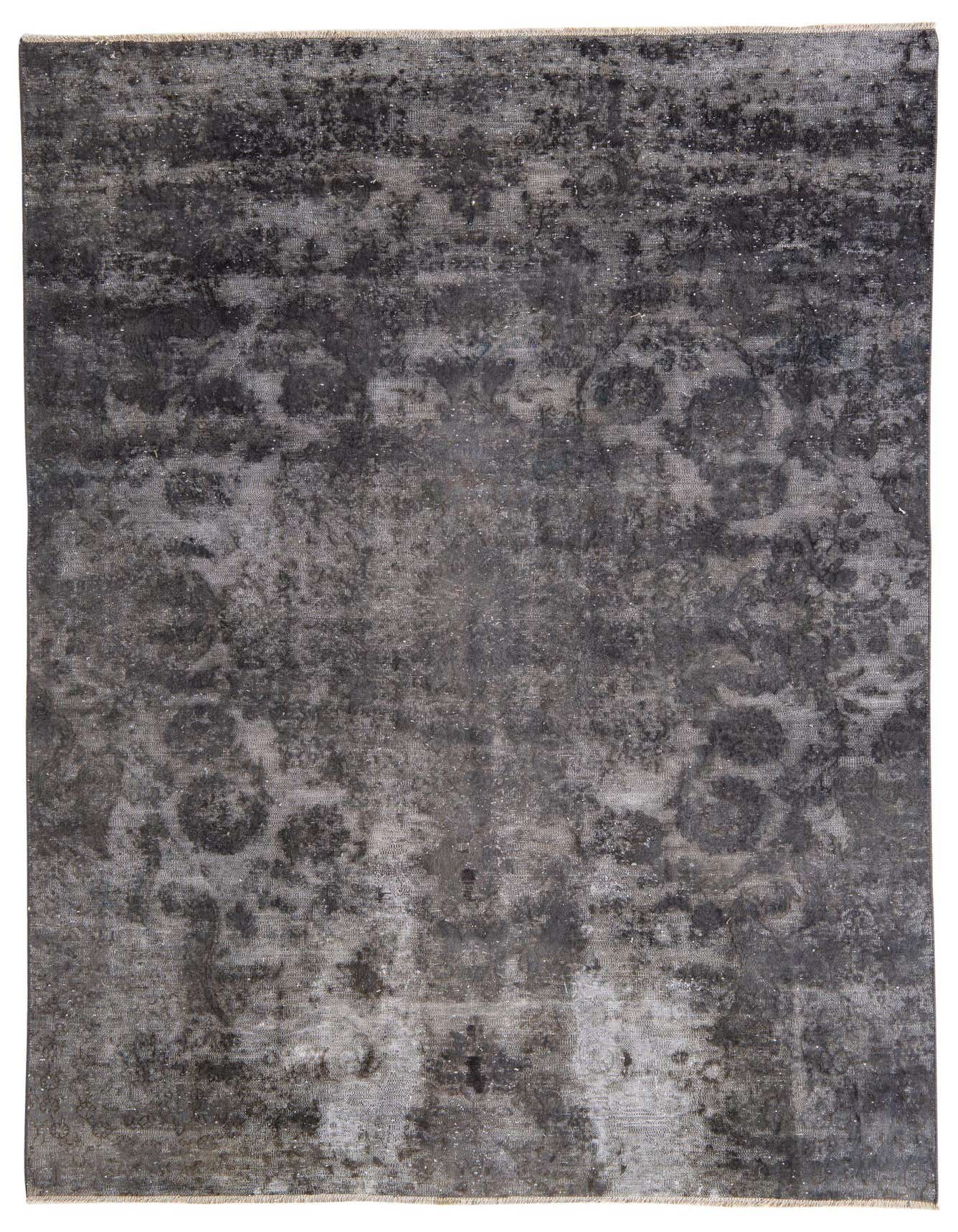A 6x9 rectangular gray Persian area rug with a faded vintage medallion pattern, handmade from wool.
