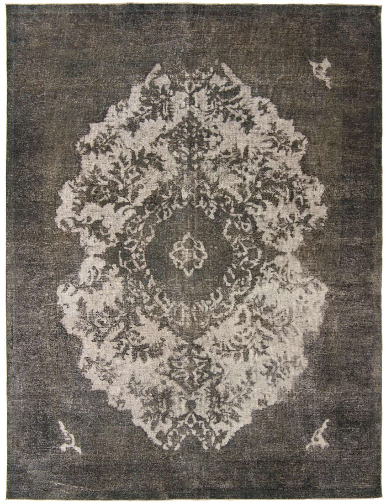 A 9x12 rectangular gray wool area rug with a faded white Persian medallion pattern, suitable for a living room.