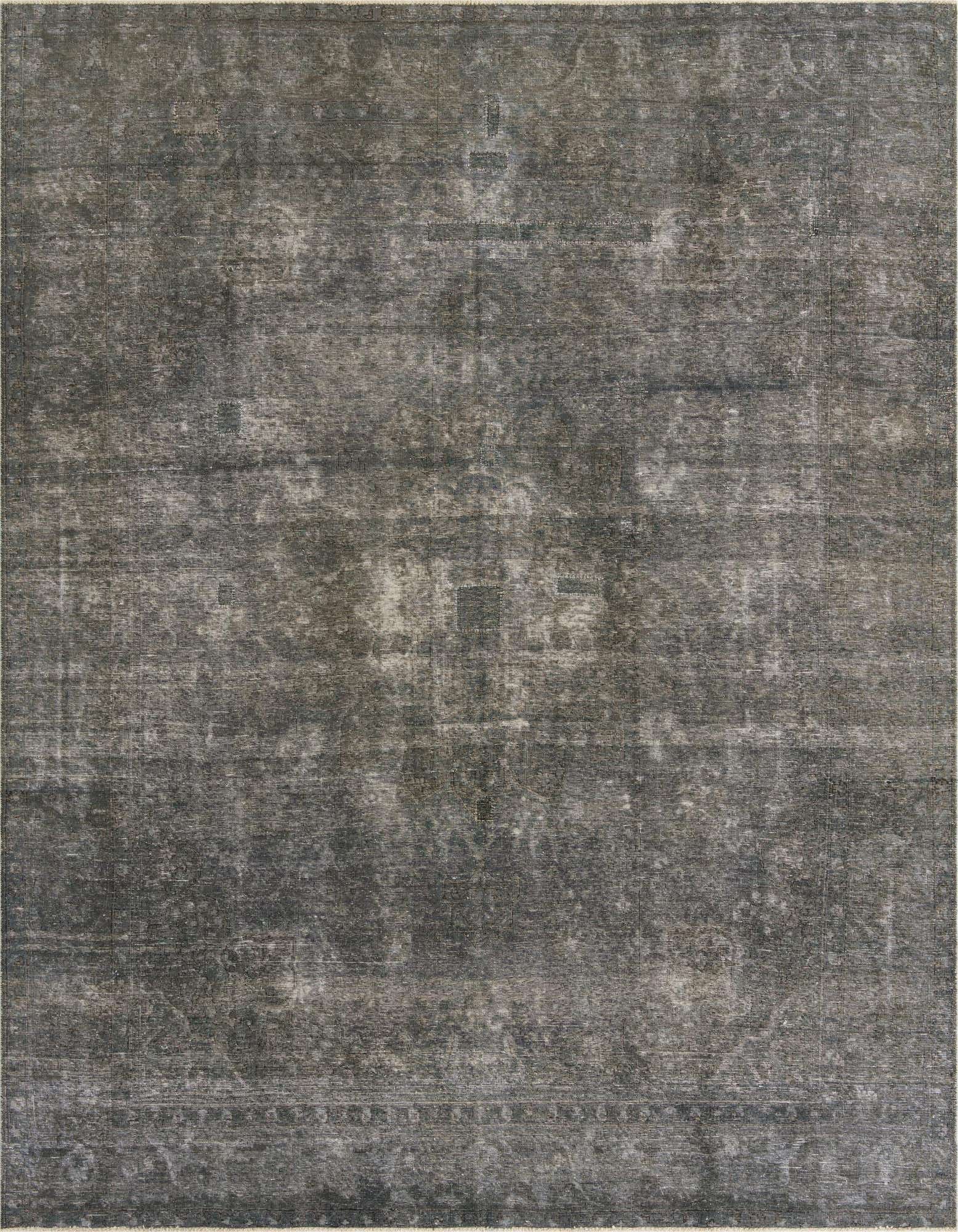 A large 10x13 rectangular gray Persian-style wool rug with a distressed vintage medallion pattern, ideal for a living room.