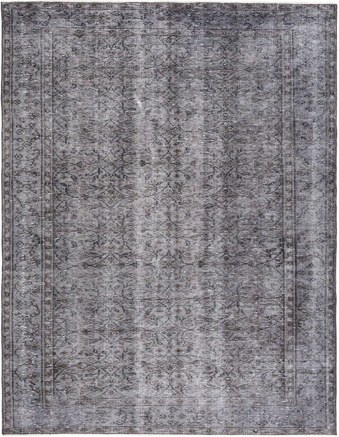 A 5x8 rectangular gray and silver modern vintage Persian wool rug with a subtle distressed floral pattern.