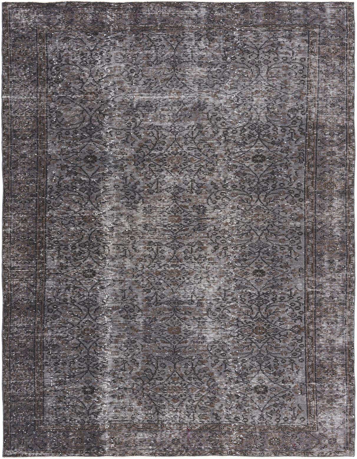 A 5x8 rectangular gray and silver wool area rug with a distressed modern vintage Persian pattern.