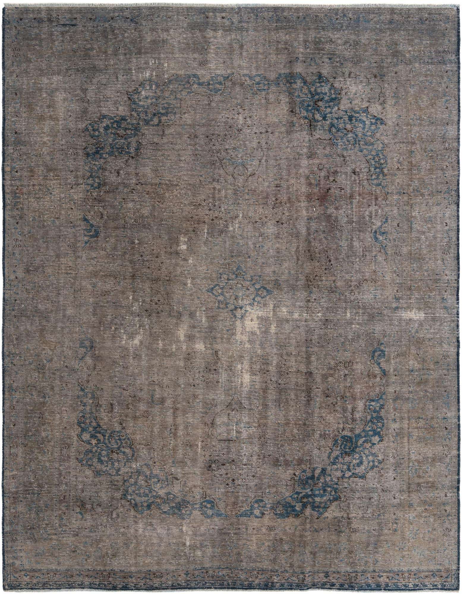 A large 10x12 rectangular gray wool rug with a faded blue Persian medallion and border pattern.