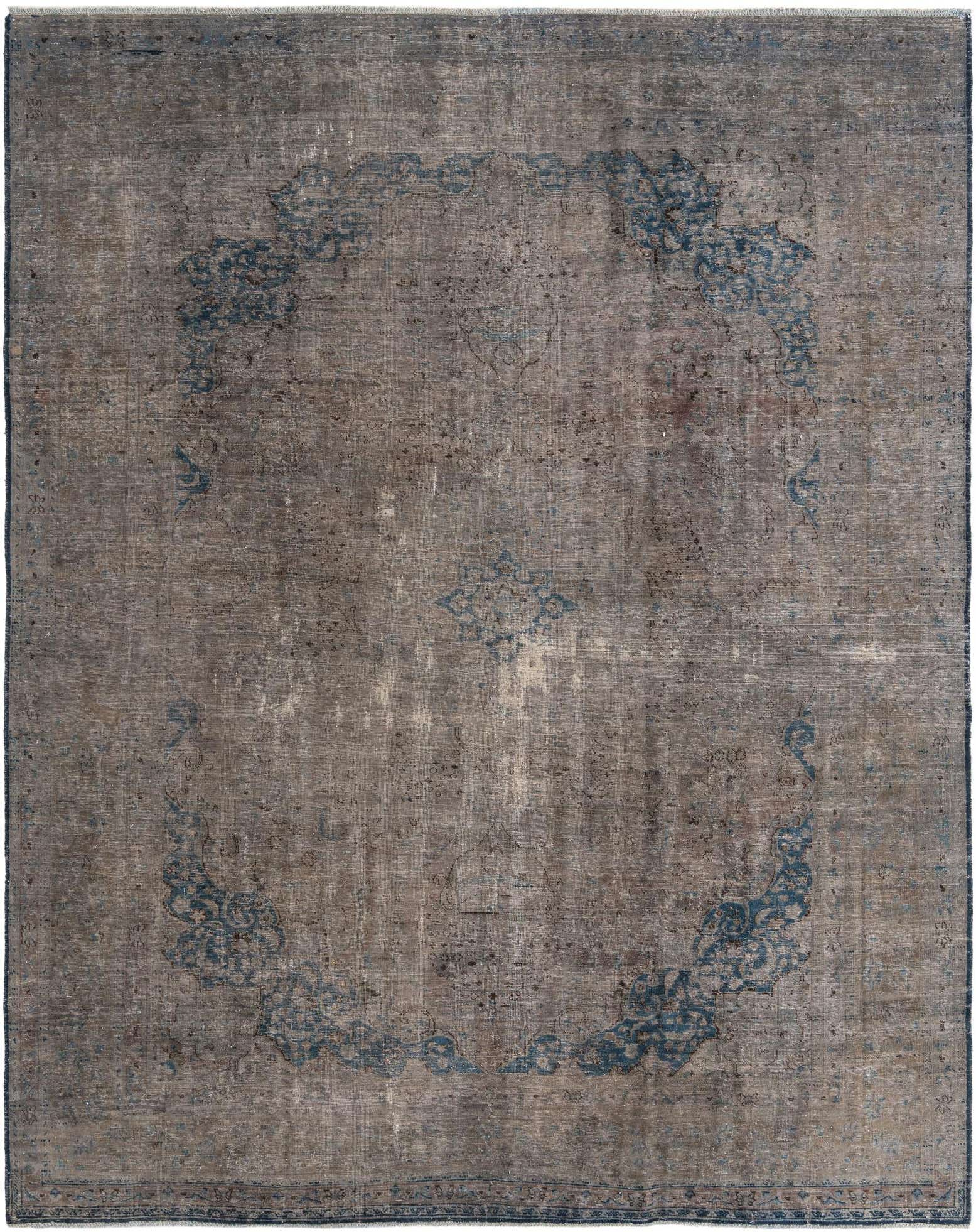 A large 10x12 rectangular gray wool rug with a faded blue Persian medallion and border pattern.