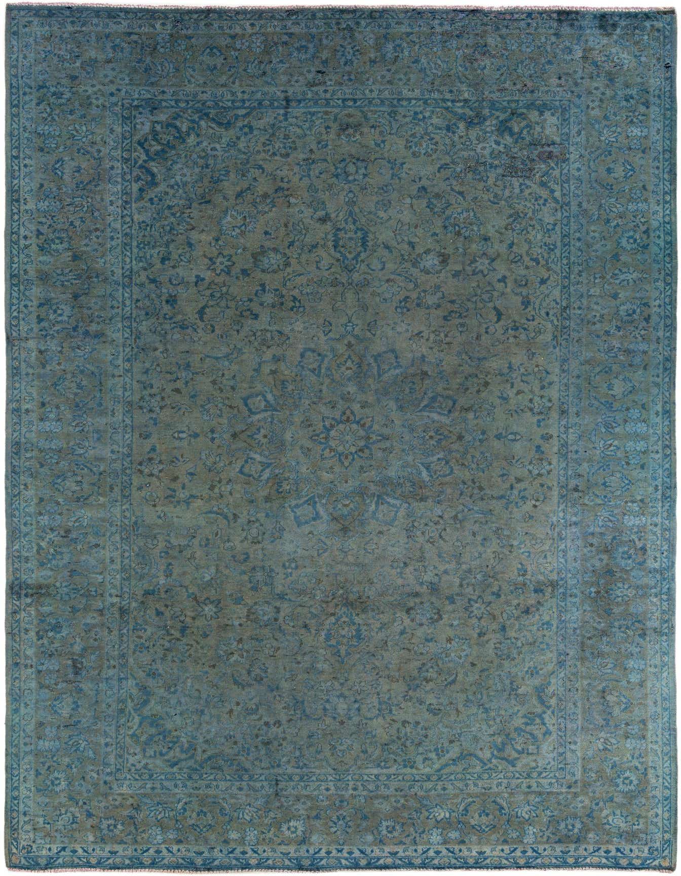 An 8x12 rectangular gray wool rug with a faded blue Persian medallion and floral border design.