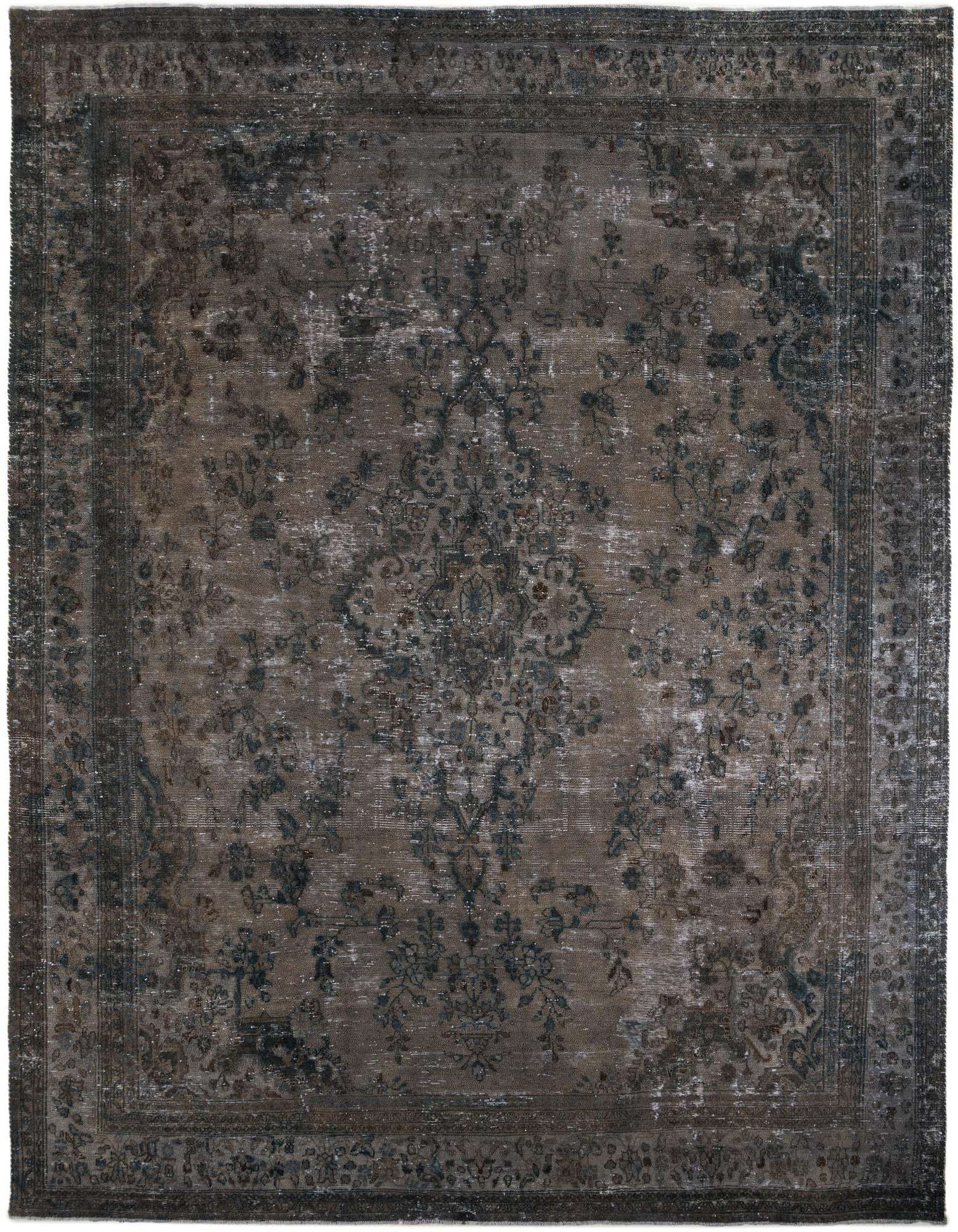 A 10x14 rectangular Ultra Vintage Persian rug in shades of gray and silver with a distressed medallion pattern.