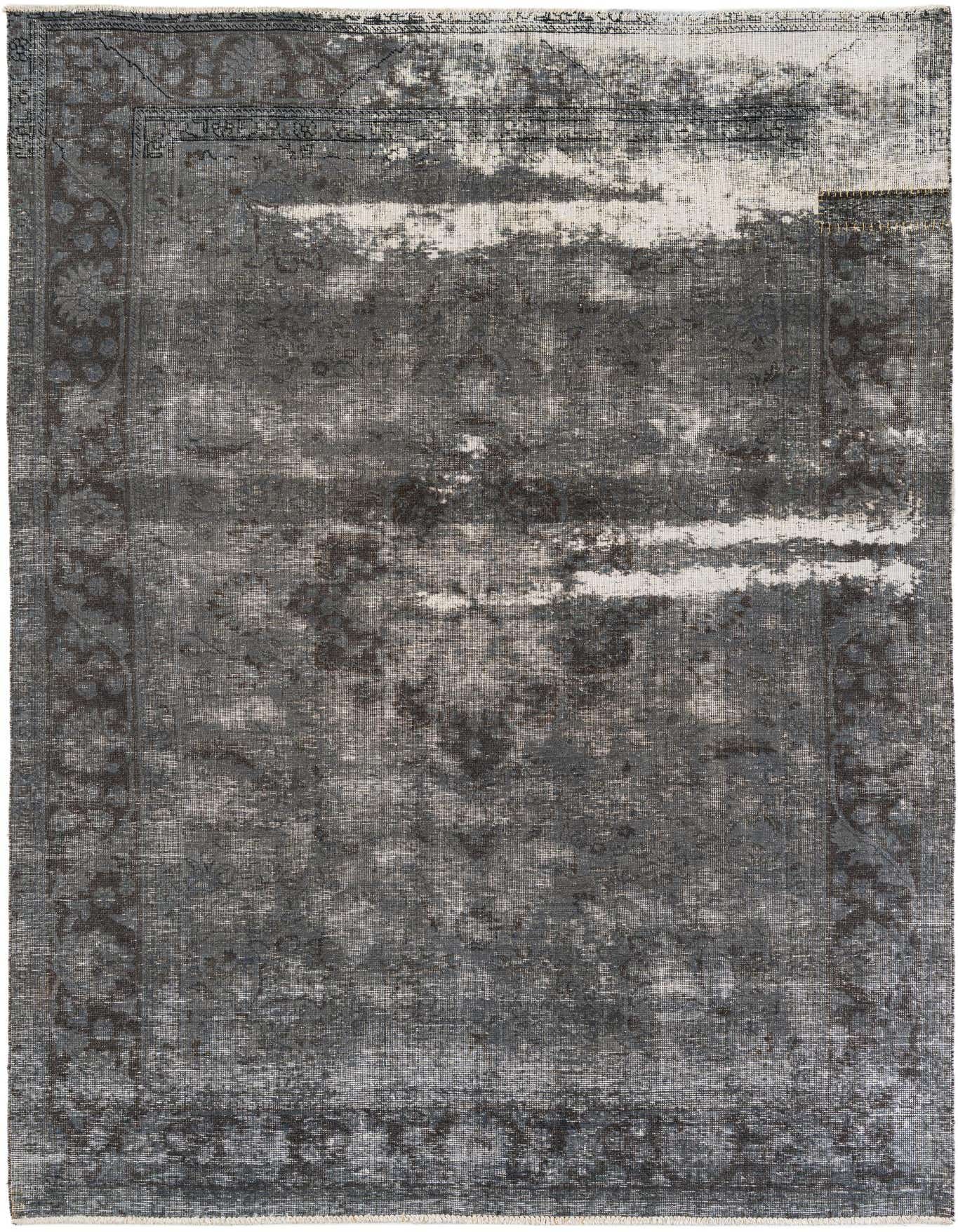 A 6x9 rectangular gray and silver wool rug with a distressed Persian medallion pattern, ideal for a living room.