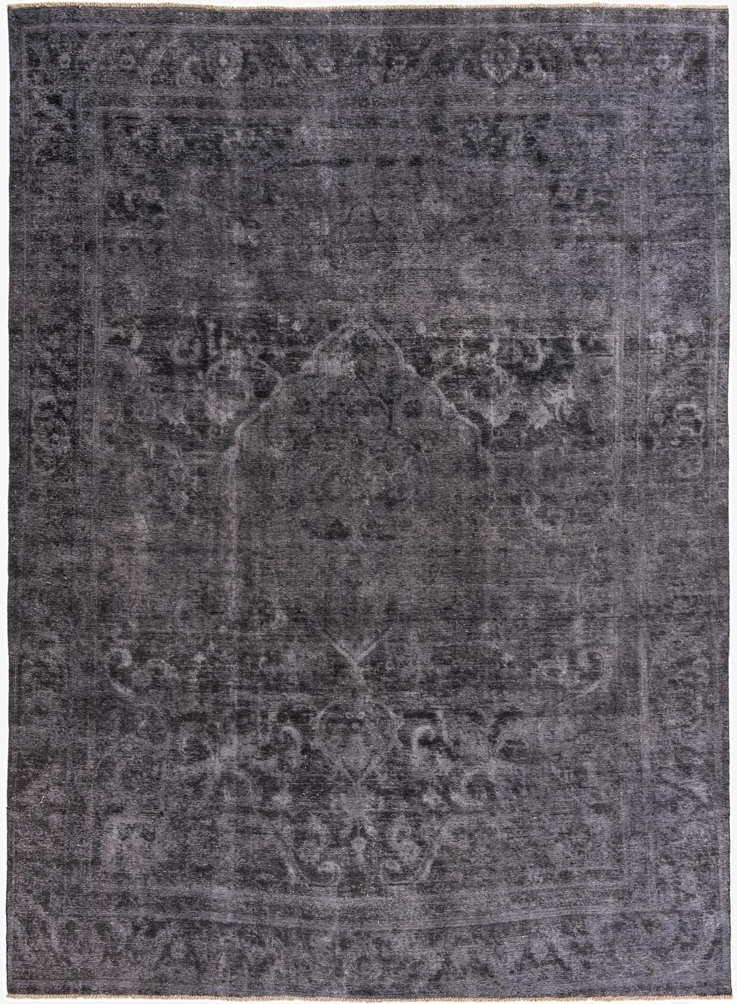 A 9x12 rectangular gray wool area rug with a faded Persian vintage pattern, suitable for a living room.