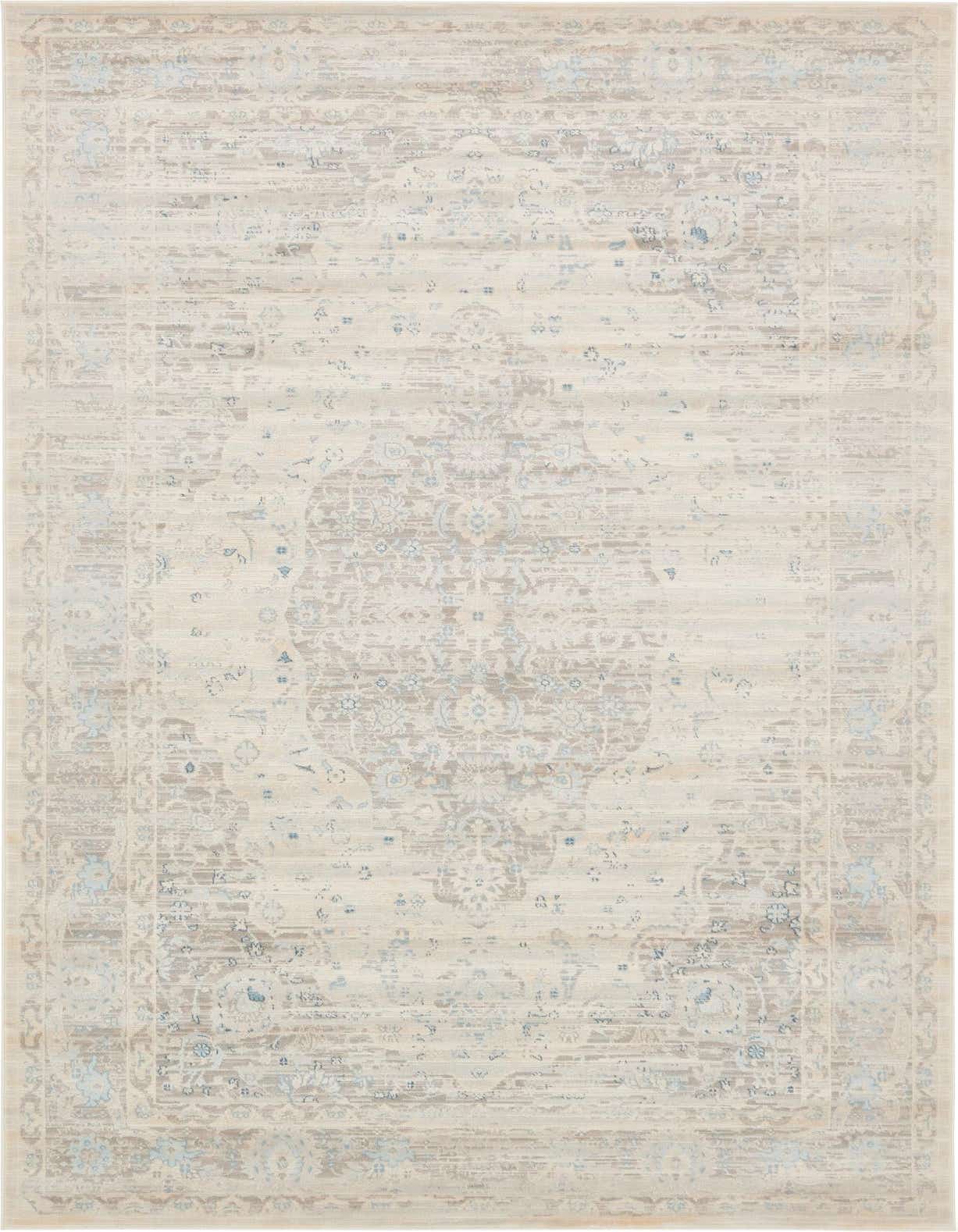 A 5x8 rectangular Rugs.com Victoria rug with a faded traditional medallion and botanical pattern in grays, silvers, and light blues.