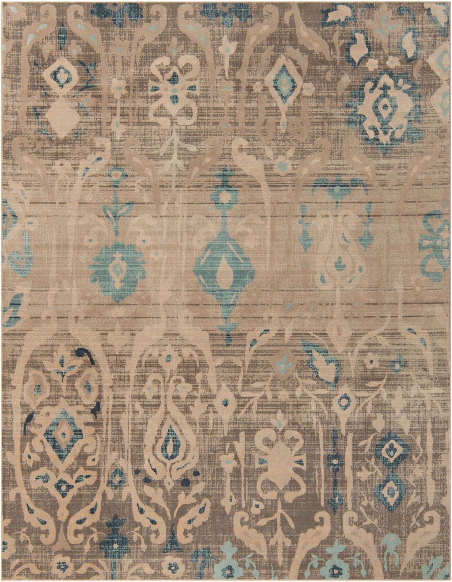 An 8x10 rectangular area rug with a distressed Bohemian floral pattern in shades of gray, silver, and teal.
