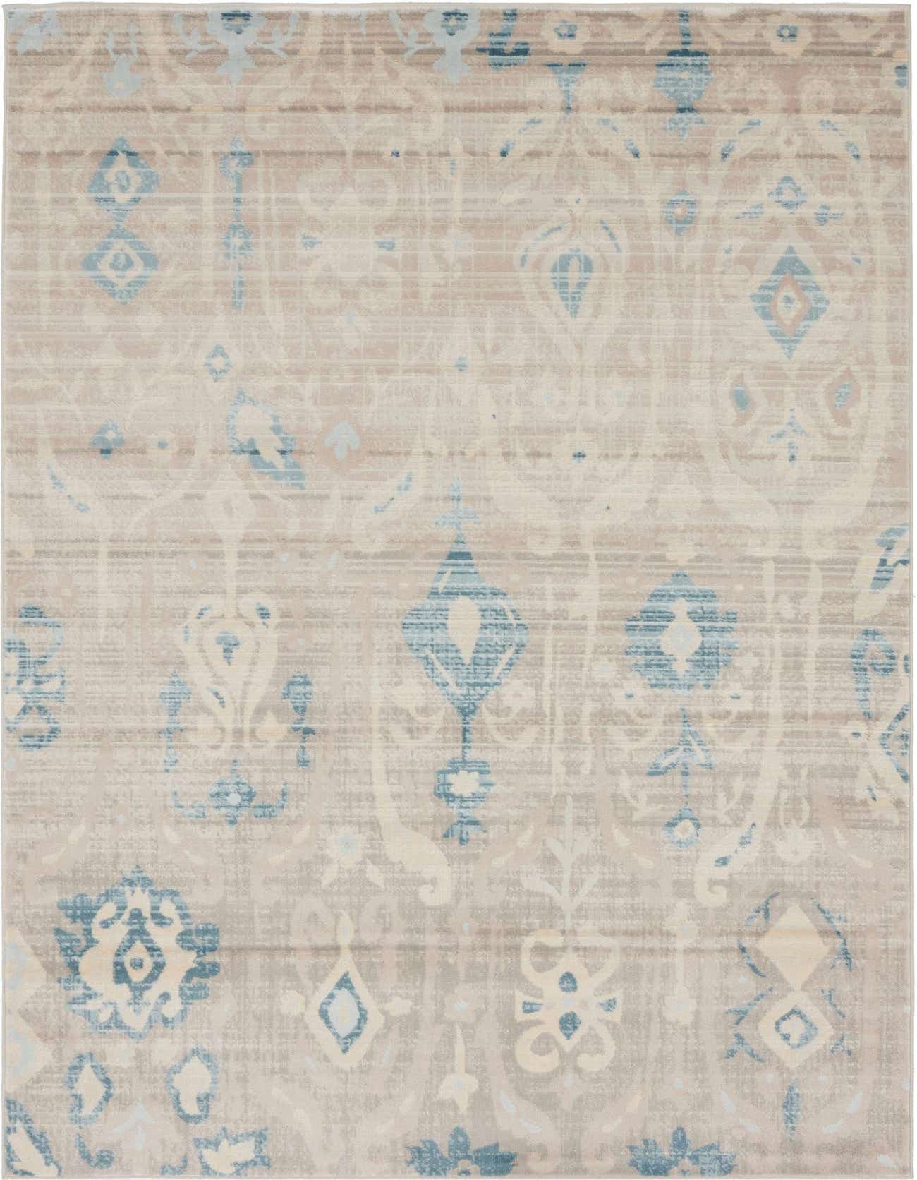 A 4x6 rectangular gray area rug with a distressed bohemian floral pattern in shades of blue and cream.