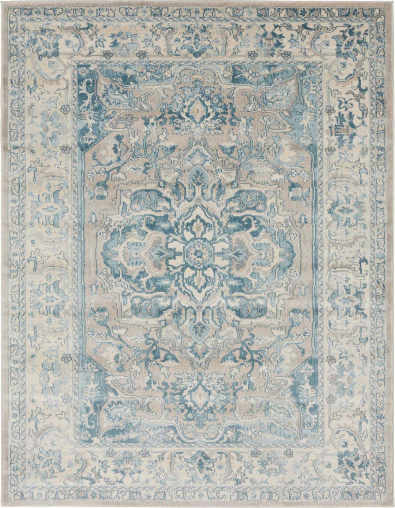 A 4x6 rectangular Victoria Collection rug featuring a distressed medallion and botanical pattern in shades of gray, silver, and light blue.