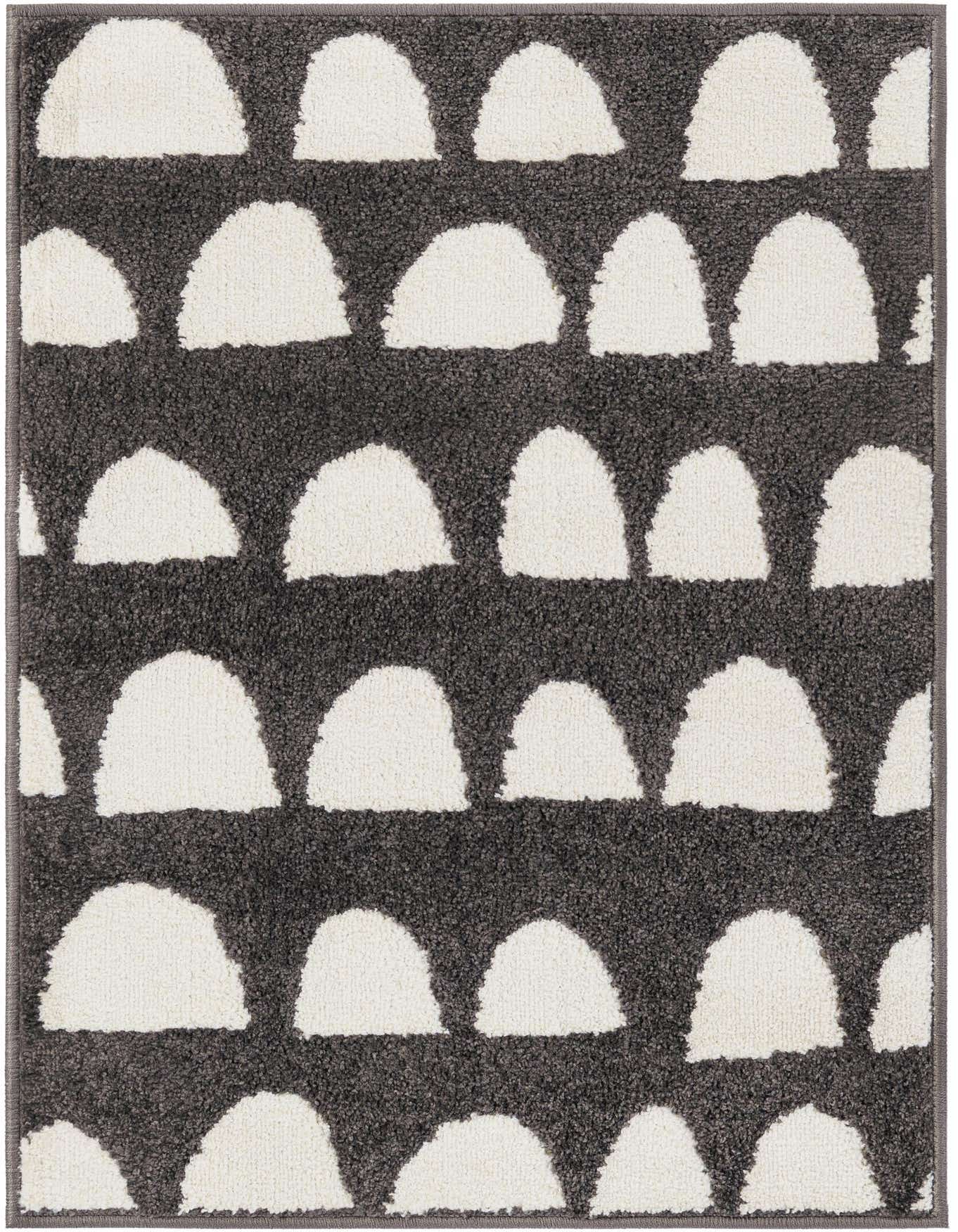 A 2x3 rectangular gray rug with a modern abstract pattern of white half-circle shapes, suitable for a kids' room or entryway.