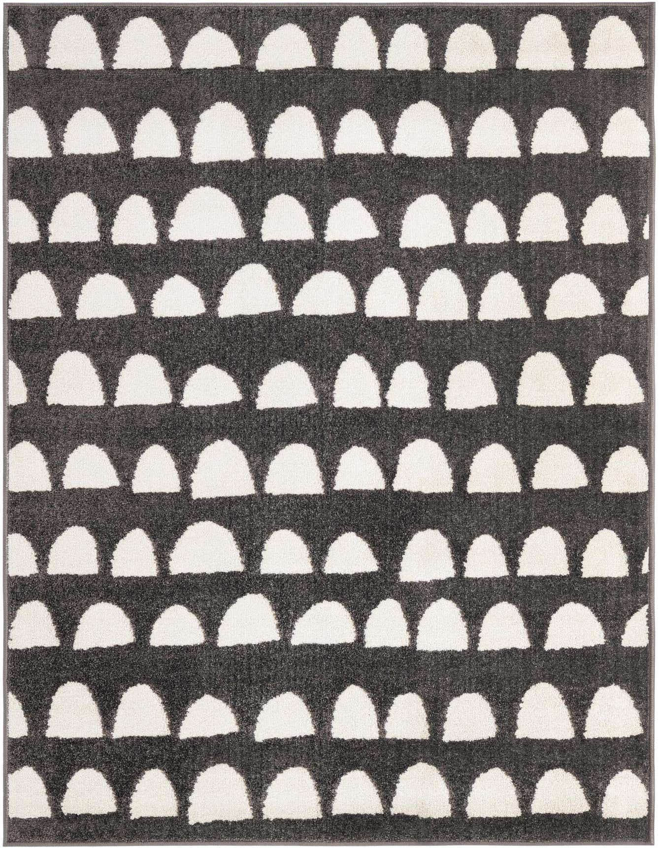 A 4x6 rectangular gray modern rug with a repeating pattern of white half-moon shapes.