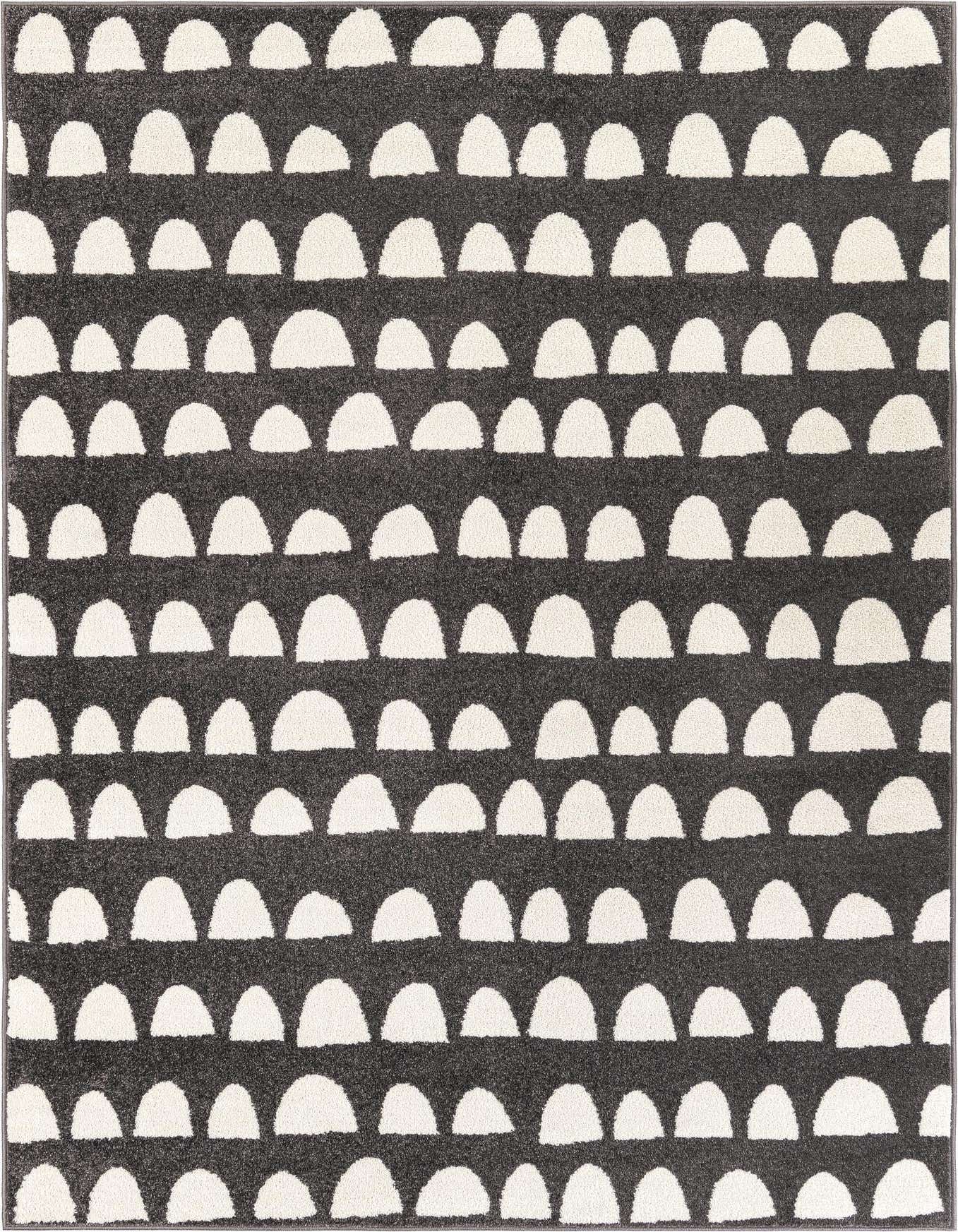 A 5x8 rectangular gray area rug with a modern abstract pattern of repeating white half-circle shapes.