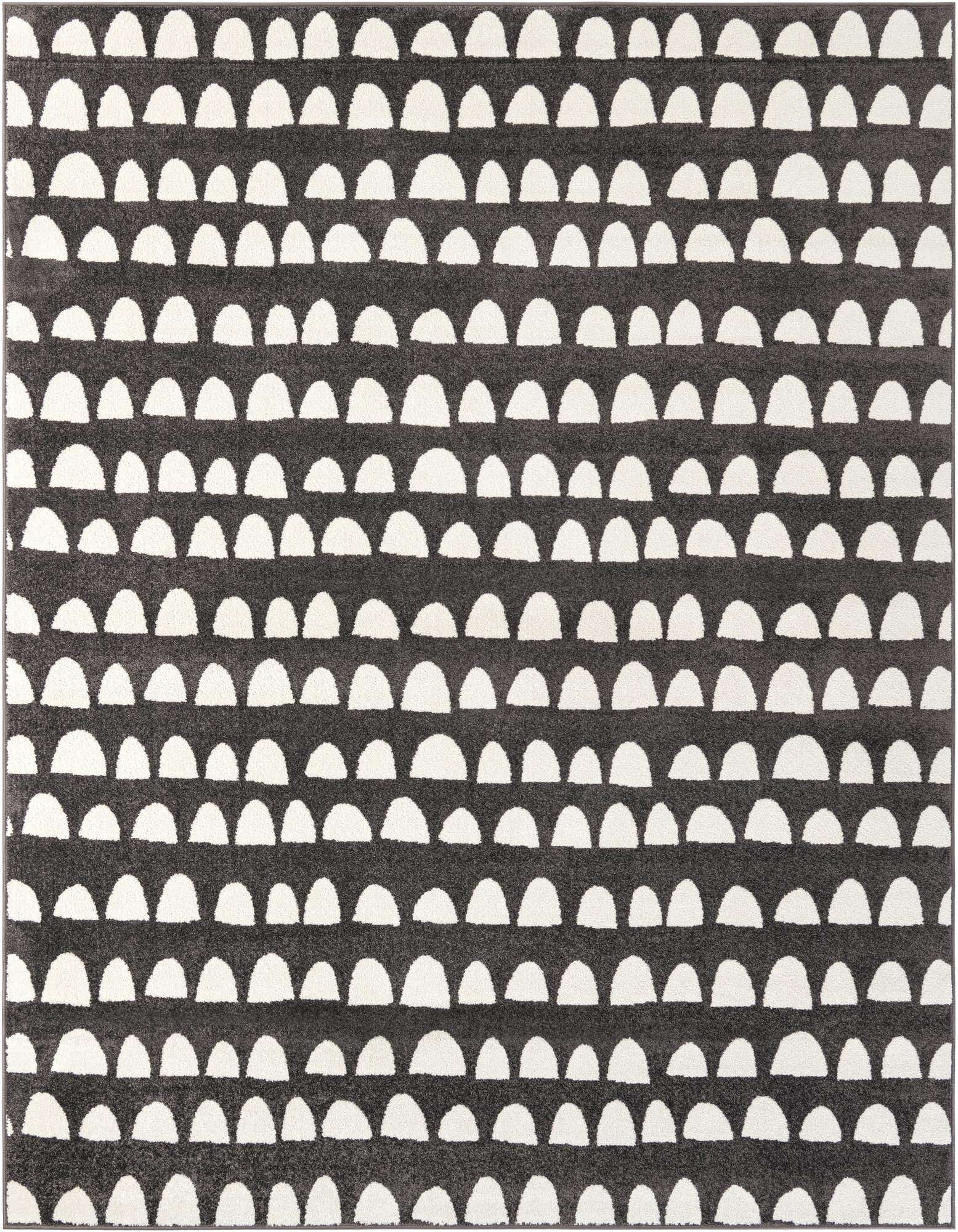 An 8x10 rectangular gray modern rug with a repeating pattern of white abstract half-moon shapes.