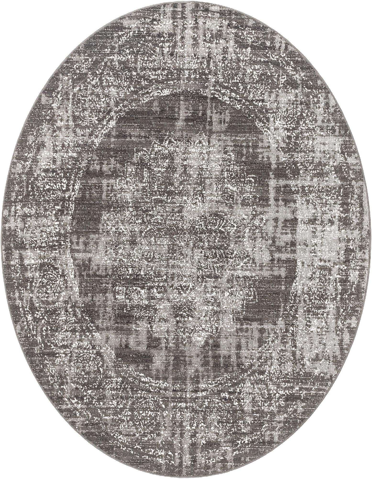 A 7' 10 round gray and silver rug with a distressed bohemian medallion pattern, suitable for indoor spaces.