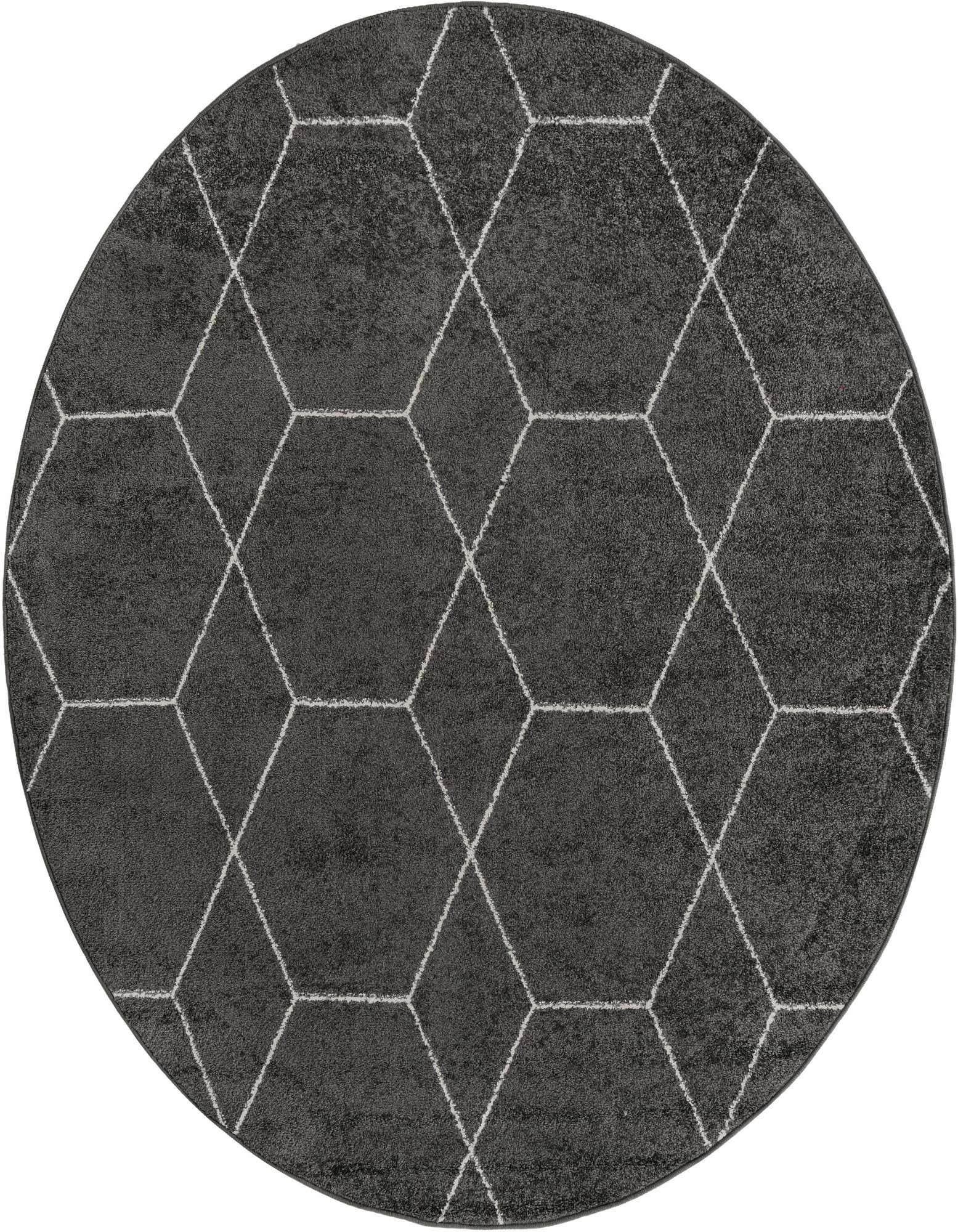 A 7' round gray polypropylene rug with a modern white trellis pattern, suitable for indoor spaces.