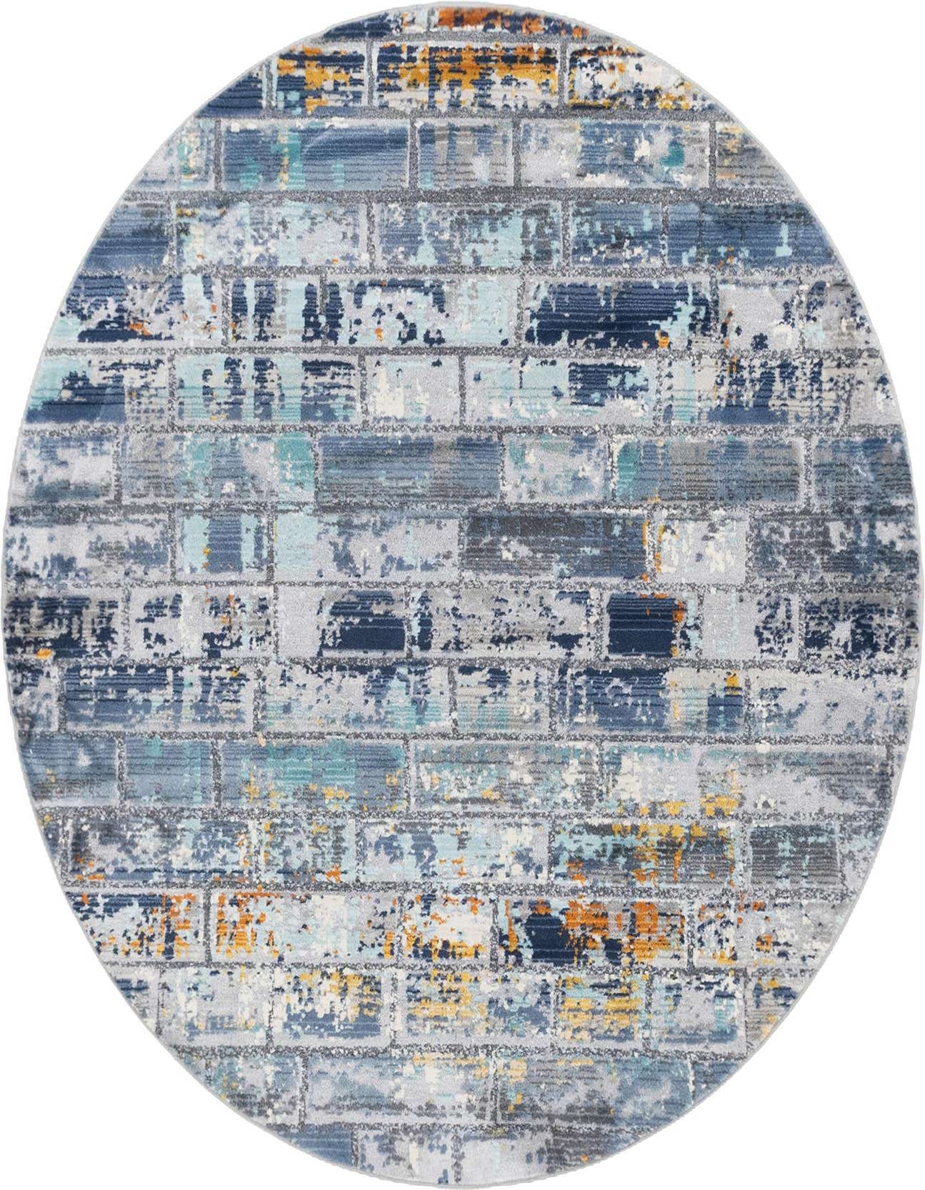A round 5' 2 x 5' 2 gray urban rug with an abstract brick pattern in shades of blue, gray, and orange.