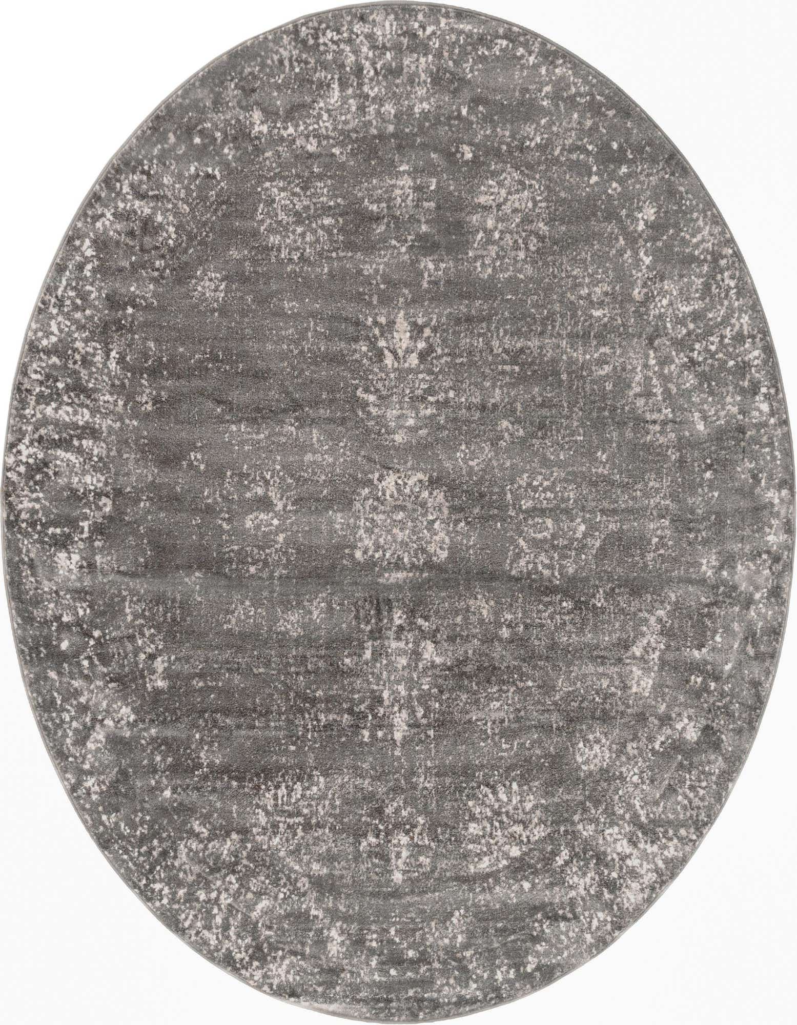 A 7' round gray Bohemian rug with a distressed medallion pattern, perfect for an indoor living space.