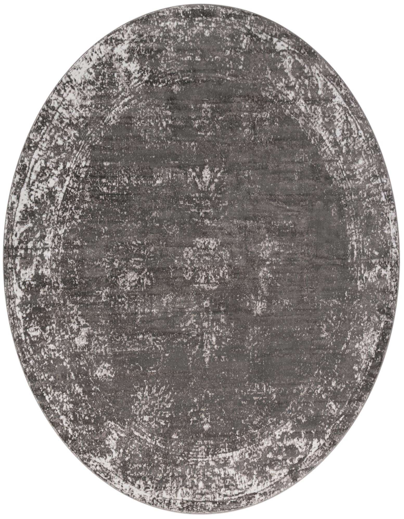 A large 13' round gray and silver vintage-style rug with a distressed traditional medallion pattern, ideal for an indoor living space.
