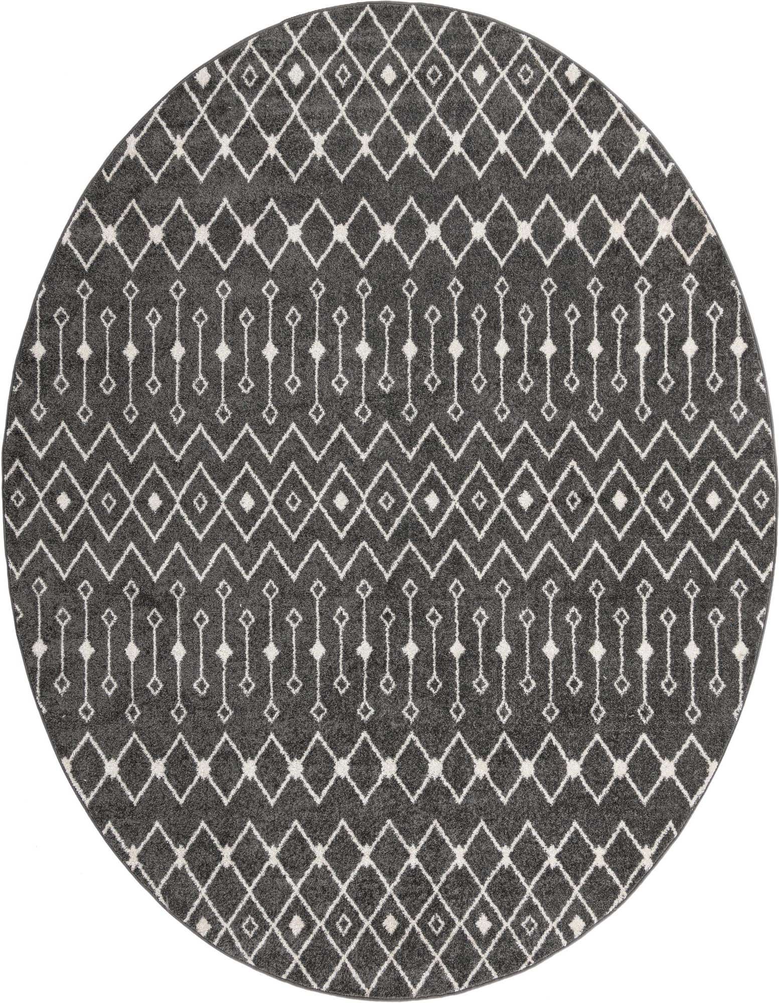 A 10-foot round gray area rug with a white Moroccan trellis pattern, suitable for a living room.