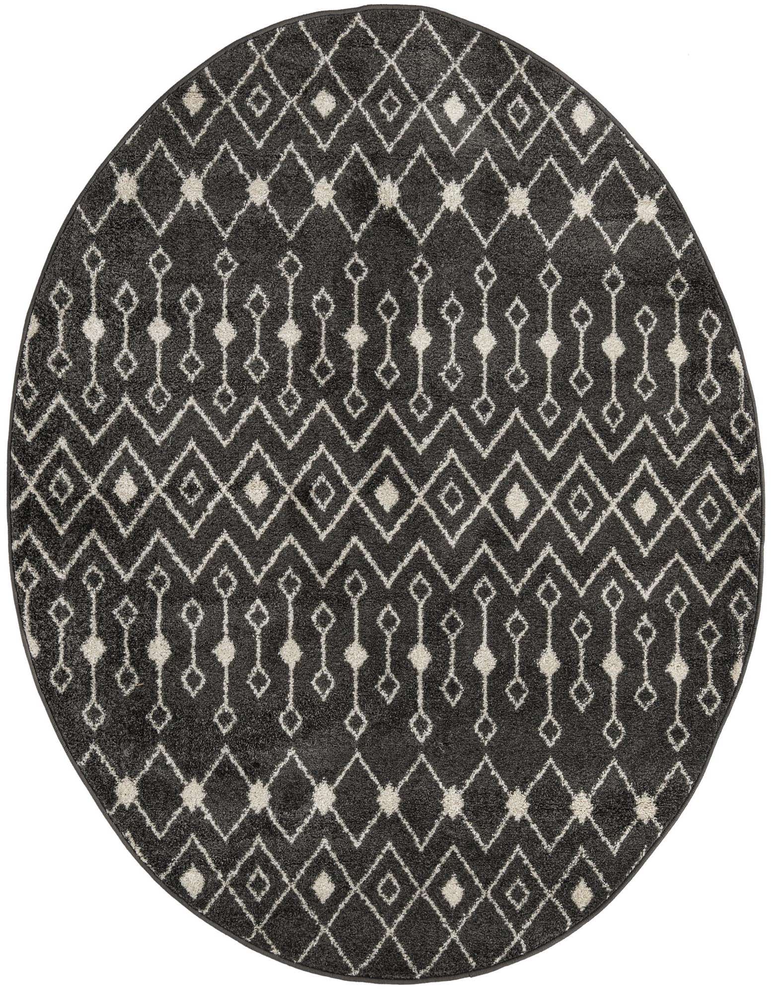A round 6' 0 x 6' 0 gray Moroccan Trellis rug with a bohemian diamond and tribal pattern.