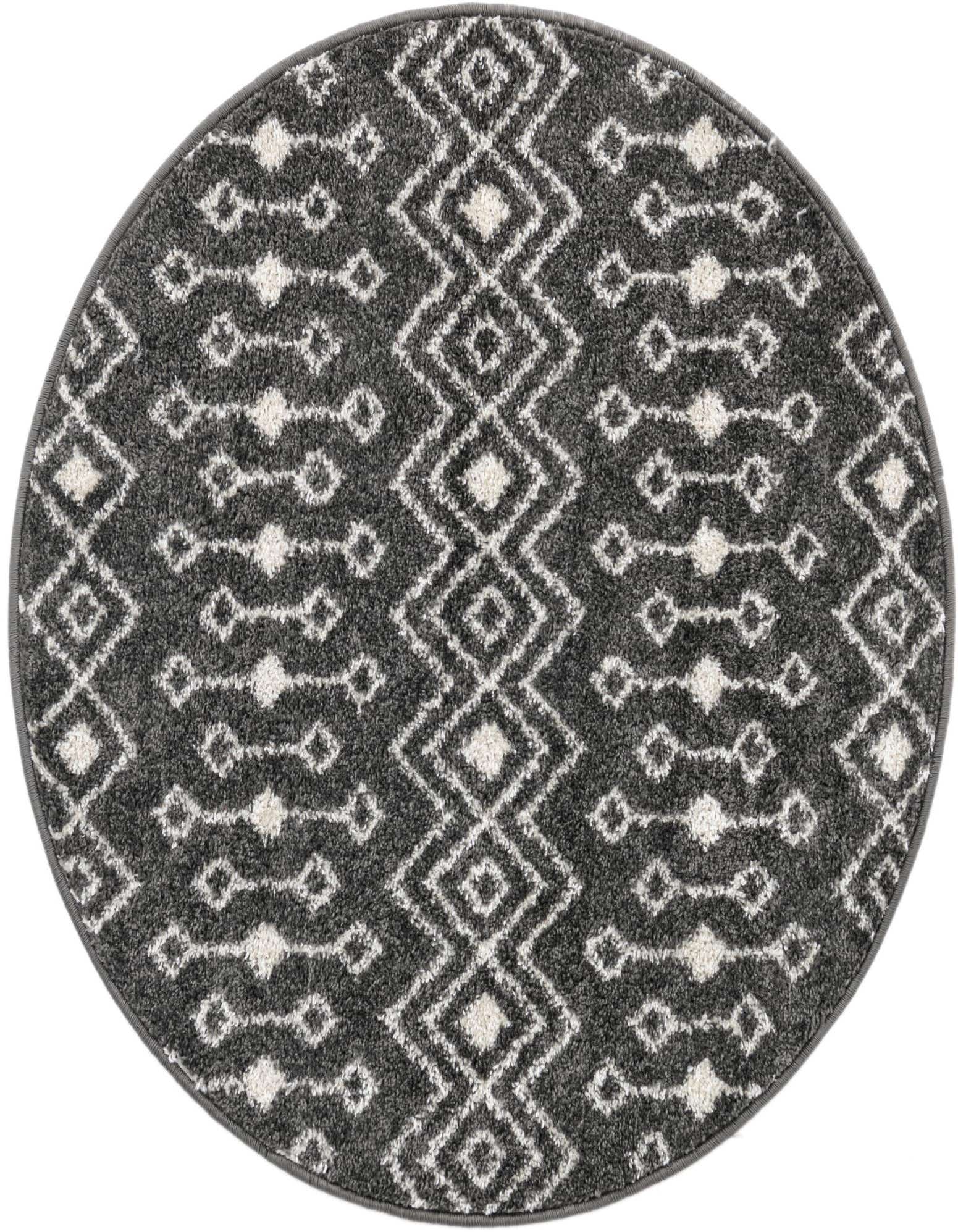 A 3' 3 x 3' 3 round gray area rug with a white tribal trellis pattern, featuring a medium pile.