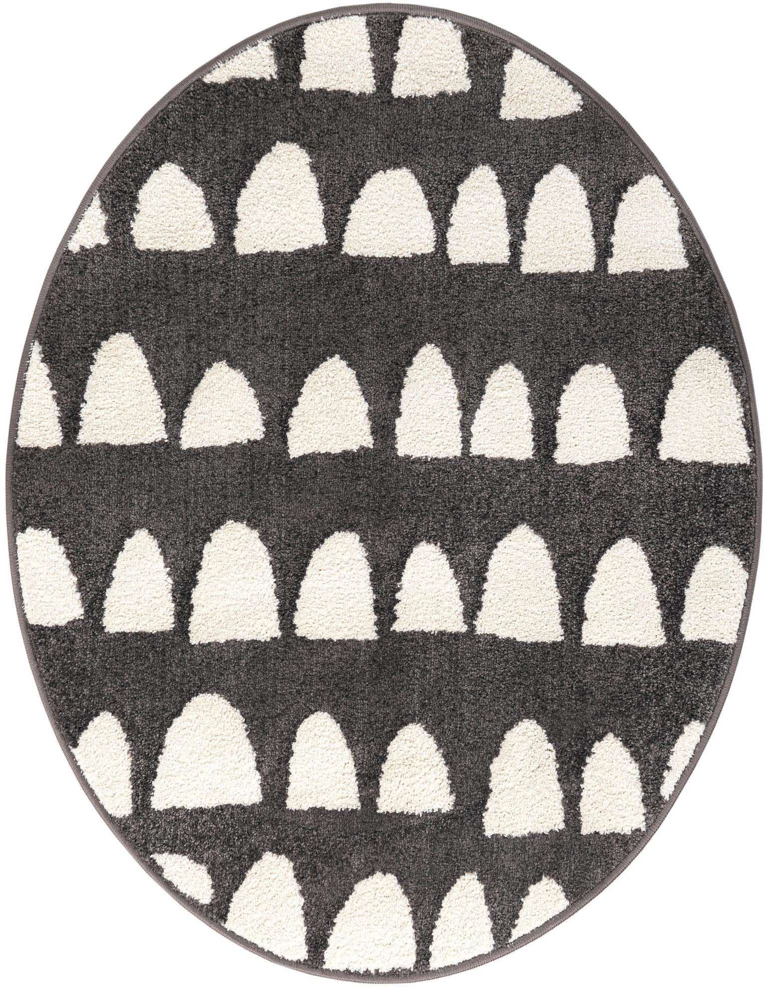 A round 3' 3 x 3' 3 gray rug with a modern abstract pattern of white, cloud-like shapes arranged in rows.