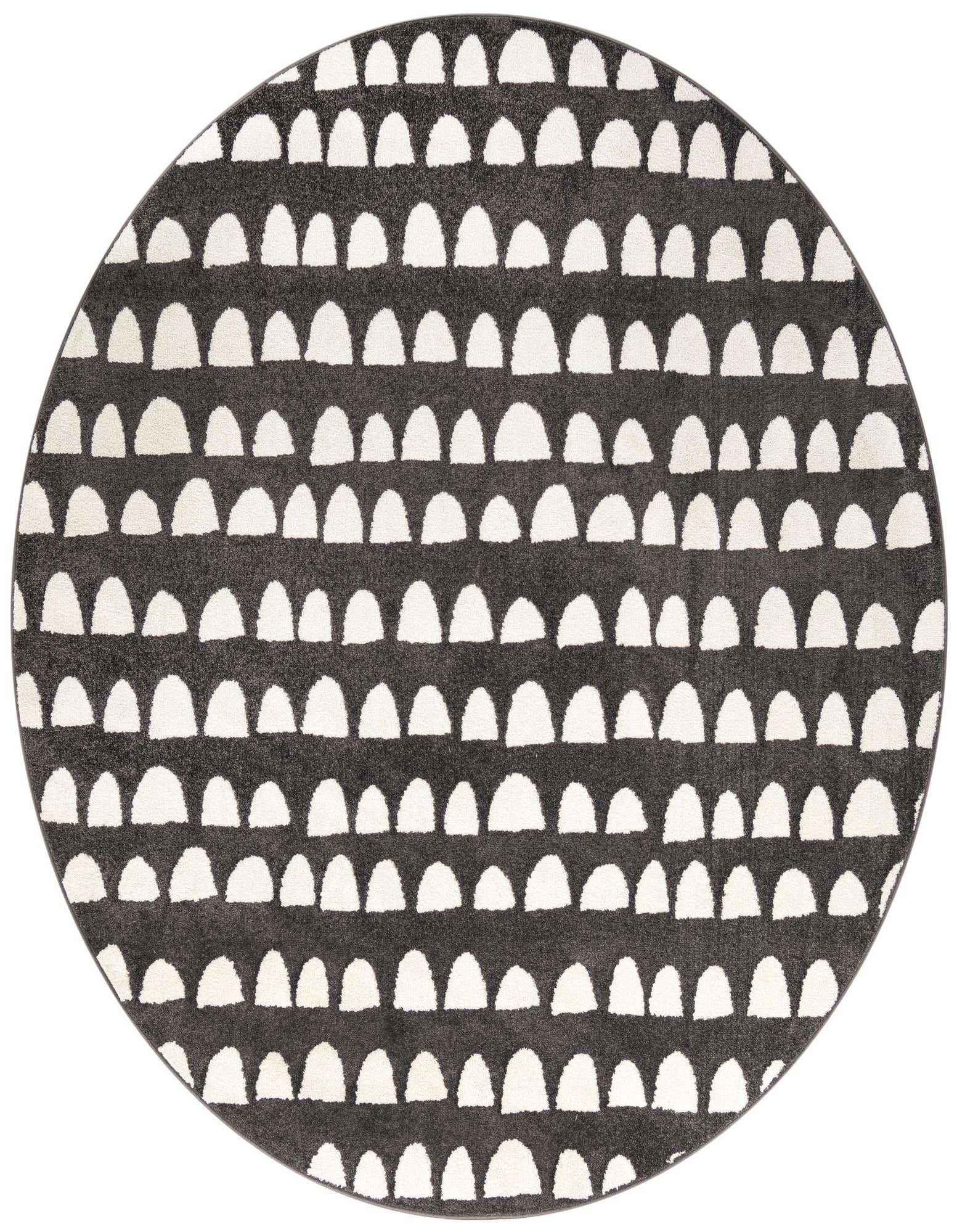 A round 7' 10 x 7' 10 gray and white modern abstract rug with rows of white half-circle shapes on a dark gray background.