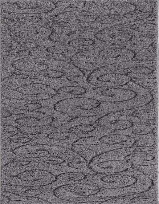 A long gray runner rug with a subtle, textured high-low pile floral scroll pattern, ideal for hallways.