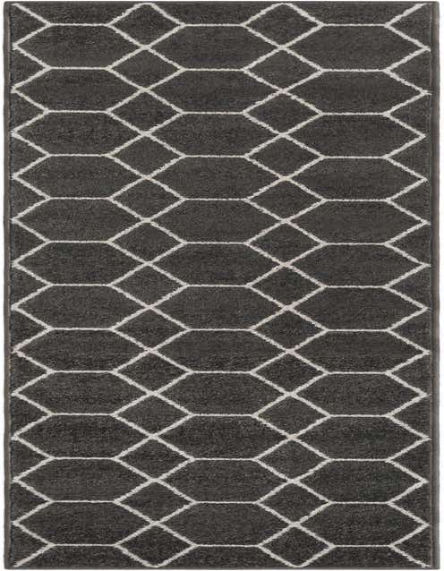A 9 ft runner rug in dark gray with a repeating white geometric trellis pattern, ideal for a hallway.