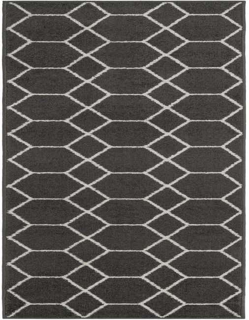 A long, narrow 8 ft runner rug featuring a modern gray background with a repeating white geometric lattice pattern, ideal for a hallway or kitchen.