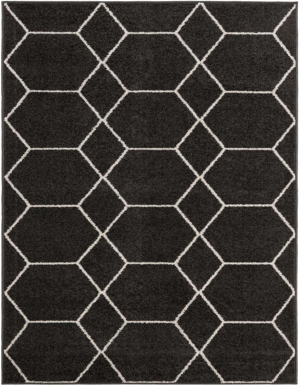 A 6 ft runner rug in dark gray with a repeating white modern trellis pattern, ideal for a hallway.