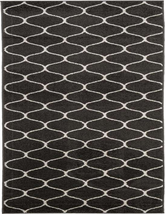A 9 ft runner rug in dark gray with a repeating white trellis pattern, suitable for a hallway.