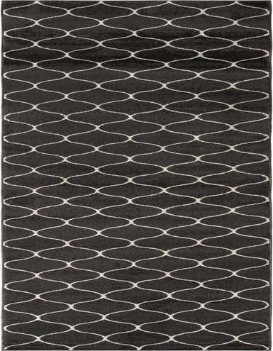 A long 16 ft runner rug in dark gray with a repeating modern white lattice pattern, suitable for a hallway.