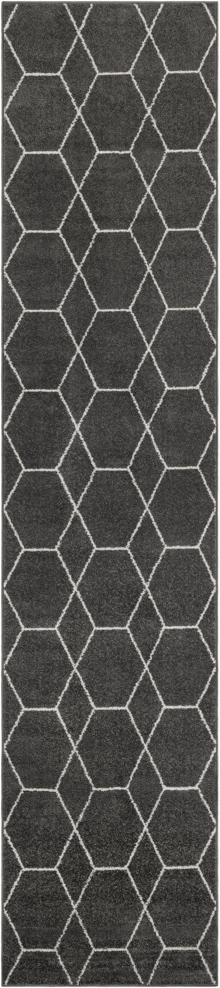 A 12 ft gray runner rug with a modern white trellis pattern, ideal for a hallway.