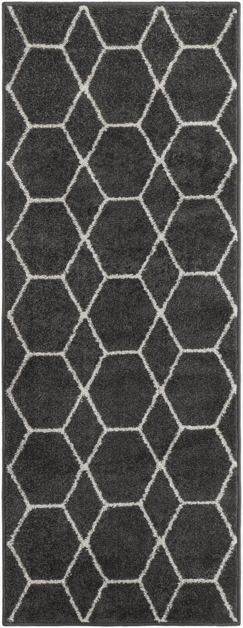 A 5 ft runner rug in dark gray with a repeating white modern trellis pattern, ideal for a hallway.