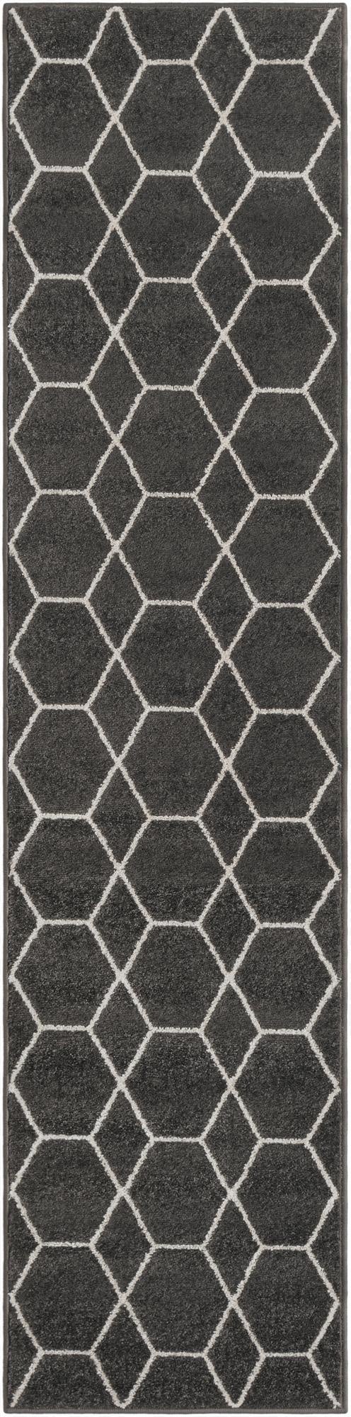 A 9 ft runner rug in dark gray with a repeating white geometric trellis pattern, ideal for a hallway.