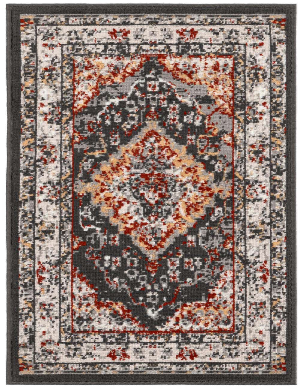 A 4 ft runner rug from the Monte Carlo collection, featuring a traditional medallion pattern in grays, silvers, red, and gold, with a flat pile.