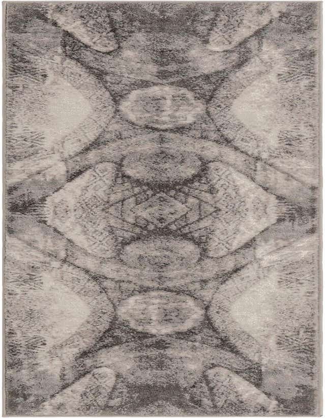 A 7 ft runner rug in shades of gray and silver featuring a distressed bohemian medallion pattern, ideal for a hallway.