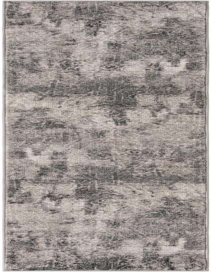 A 10 ft runner rug in shades of gray and silver with an abstract, distressed bohemian pattern, perfect for a hallway.
