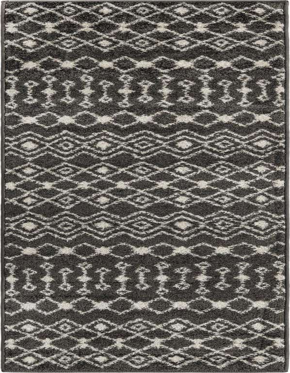 A 7 ft gray runner rug with a distressed white bohemian trellis pattern, ideal for a hallway.