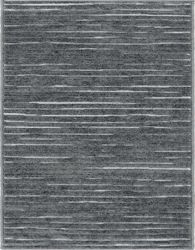 A 6 ft runner rug in shades of gray and silver, featuring a modern stripe pattern with a textured high/low pile.