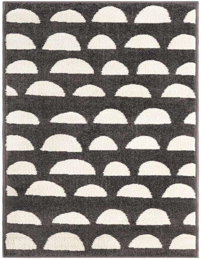 A gray runner rug with a modern abstract pattern of white half-circle shapes arranged in rows, perfect for a hallway.