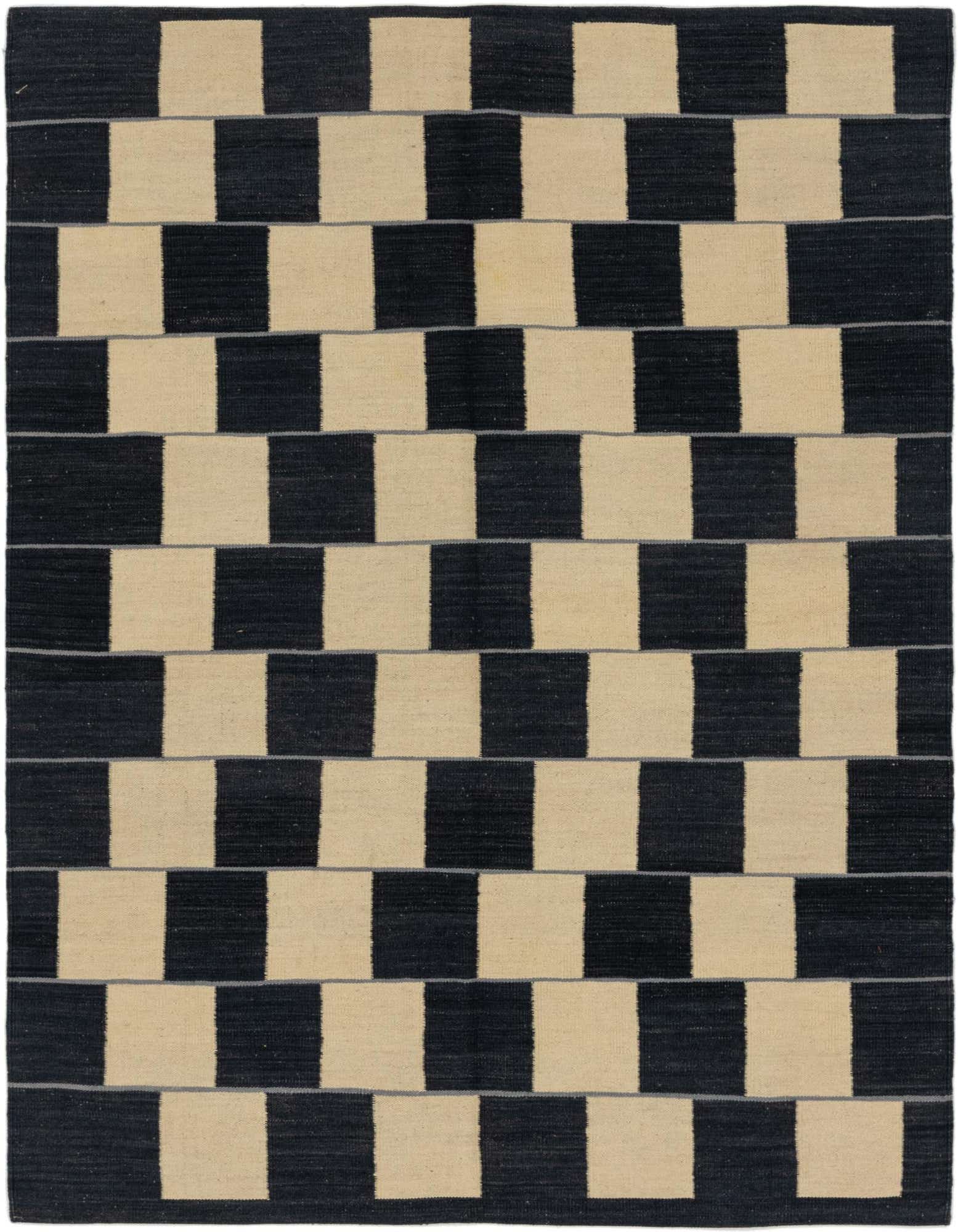 A 5' 0 x 6' 5 square Kilim Modern wool rug with a tribal geometric pattern in alternating gray and off-white blocks.