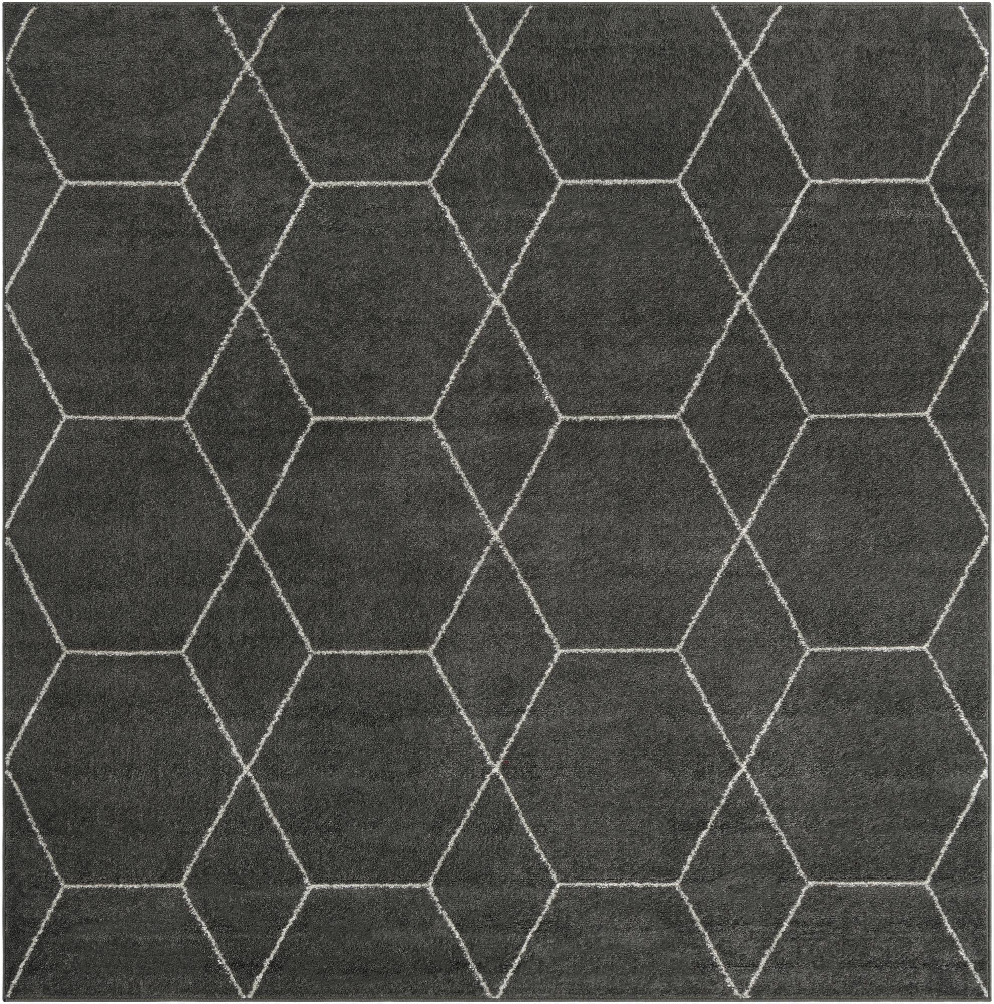 A 4'x4' square gray modern area rug with a repeating white geometric trellis pattern, suitable for indoor spaces.