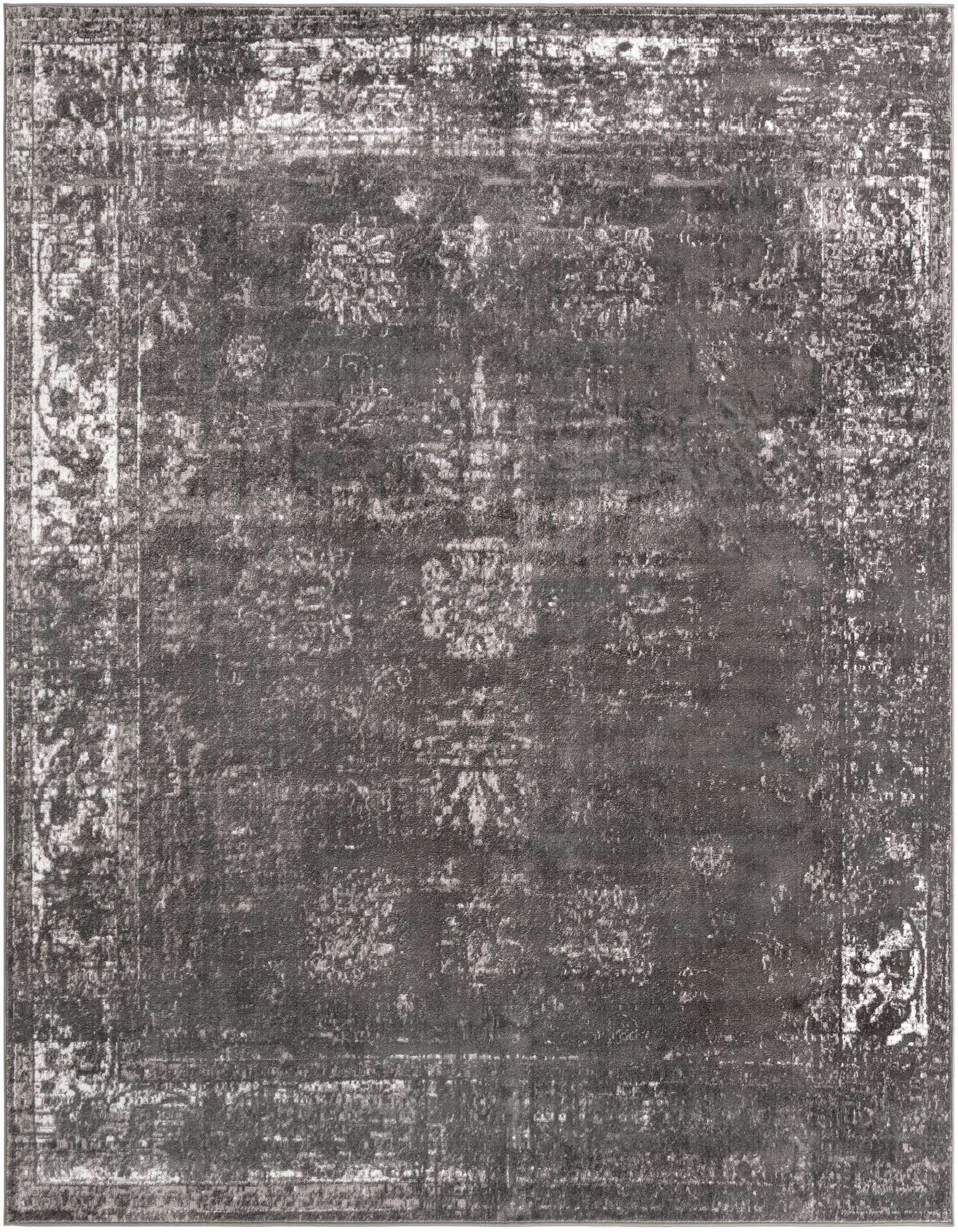 A 10'x10' square gray transitional area rug with a distressed medallion pattern and border.