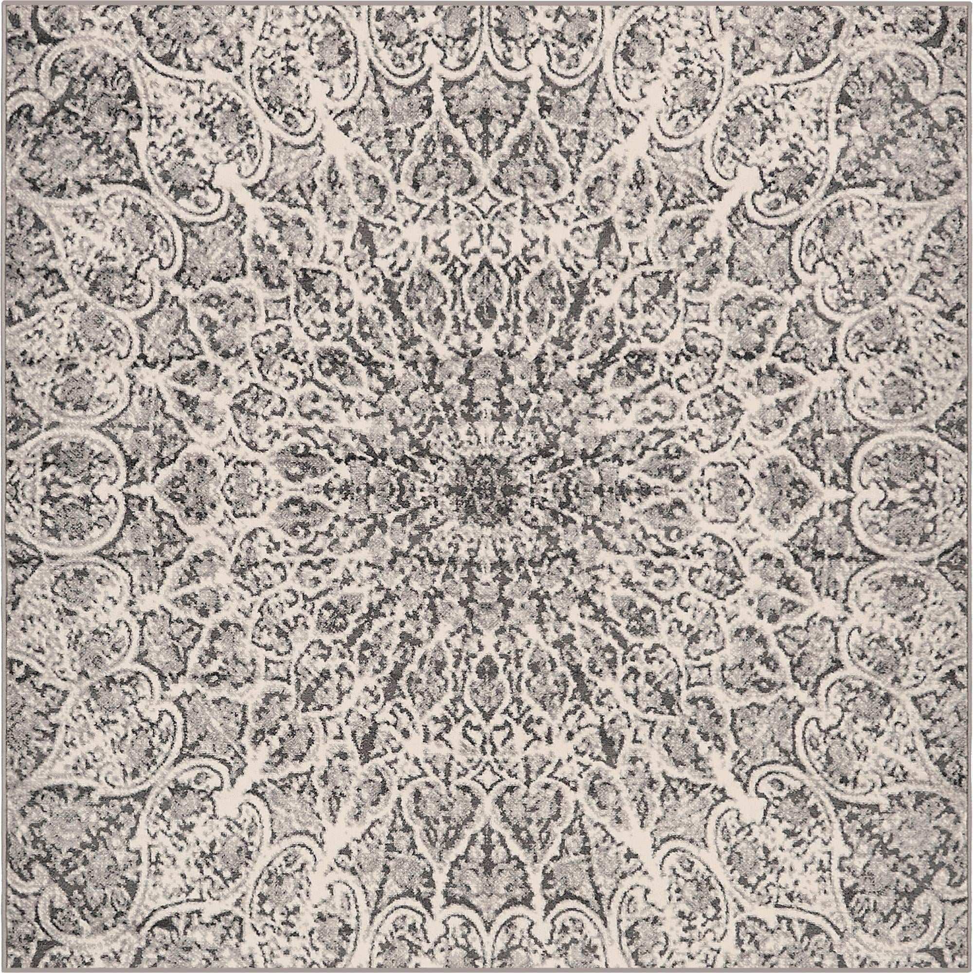 A square 7' 10 x 7' 10 Monte Carlo rug featuring a distressed gray and silver medallion pattern on a light background.
