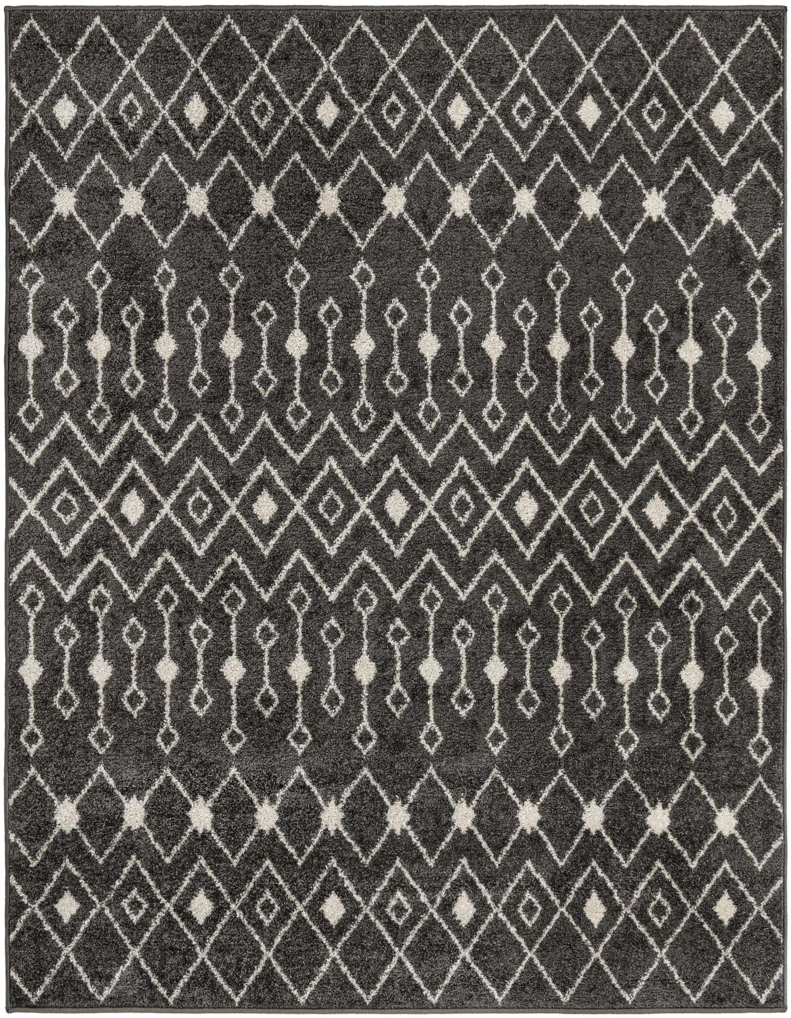A 6'x6' square gray Moroccan Trellis rug with a bohemian tribal pattern of white diamonds and geometric shapes.